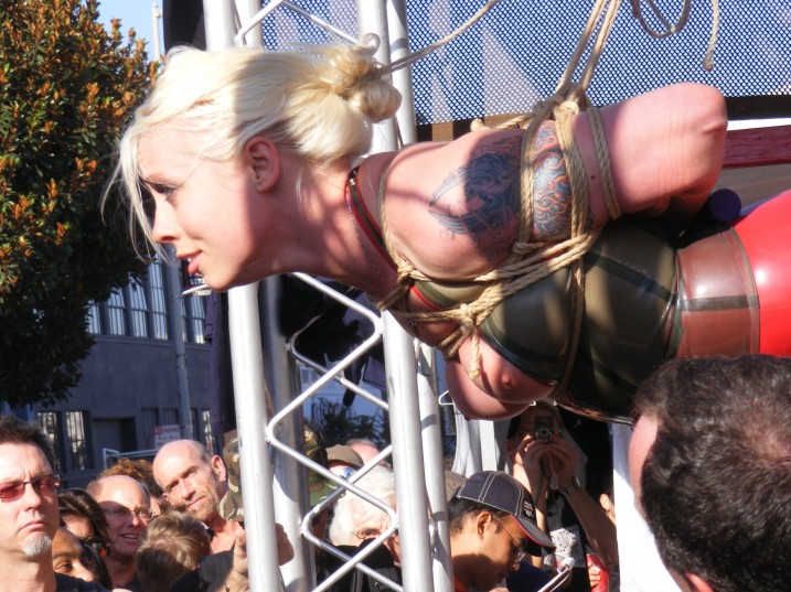 Lorelei Lee topless in public bondage, CMNF